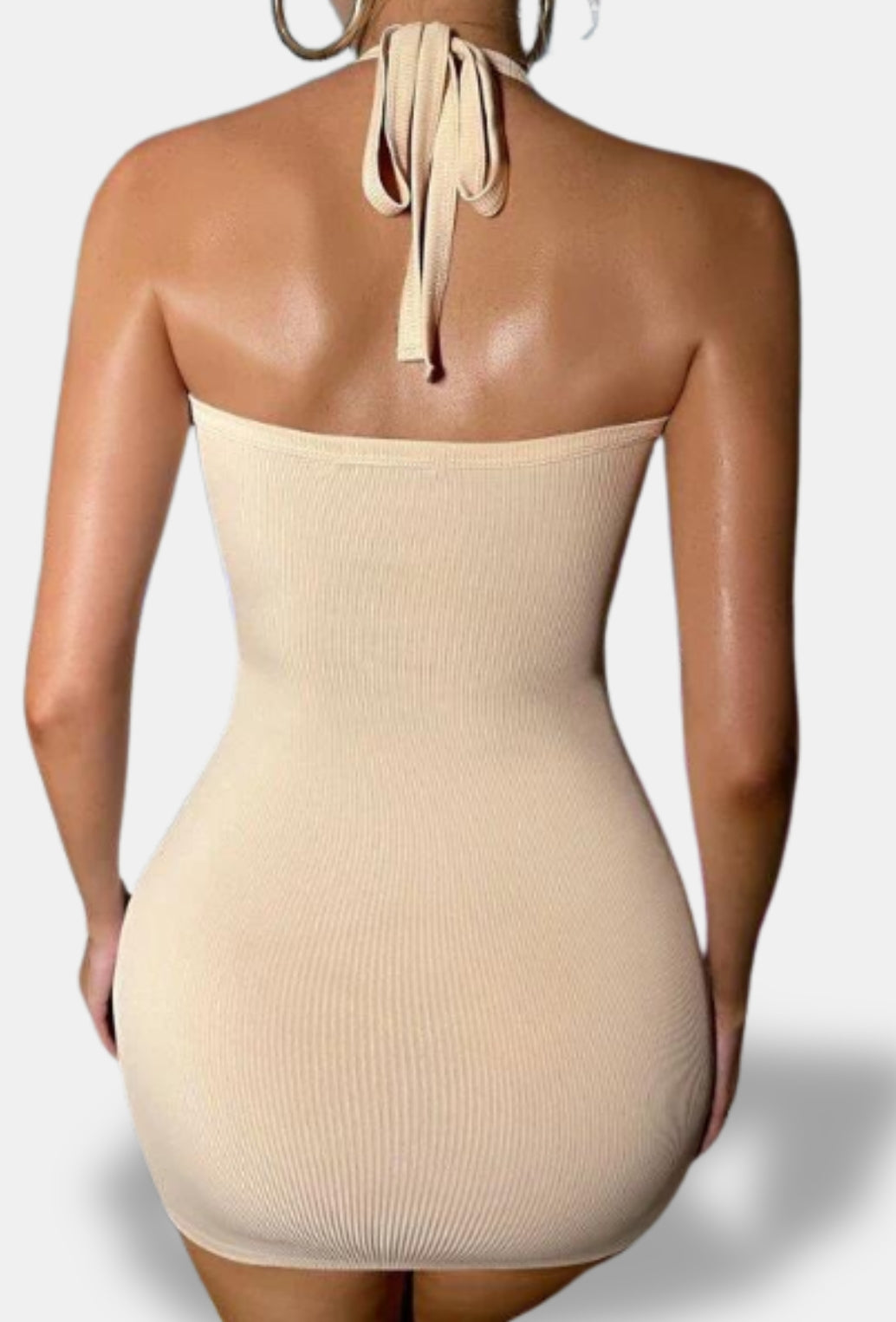 BEIGE MINI BODYCON CROSS NECK DRESS