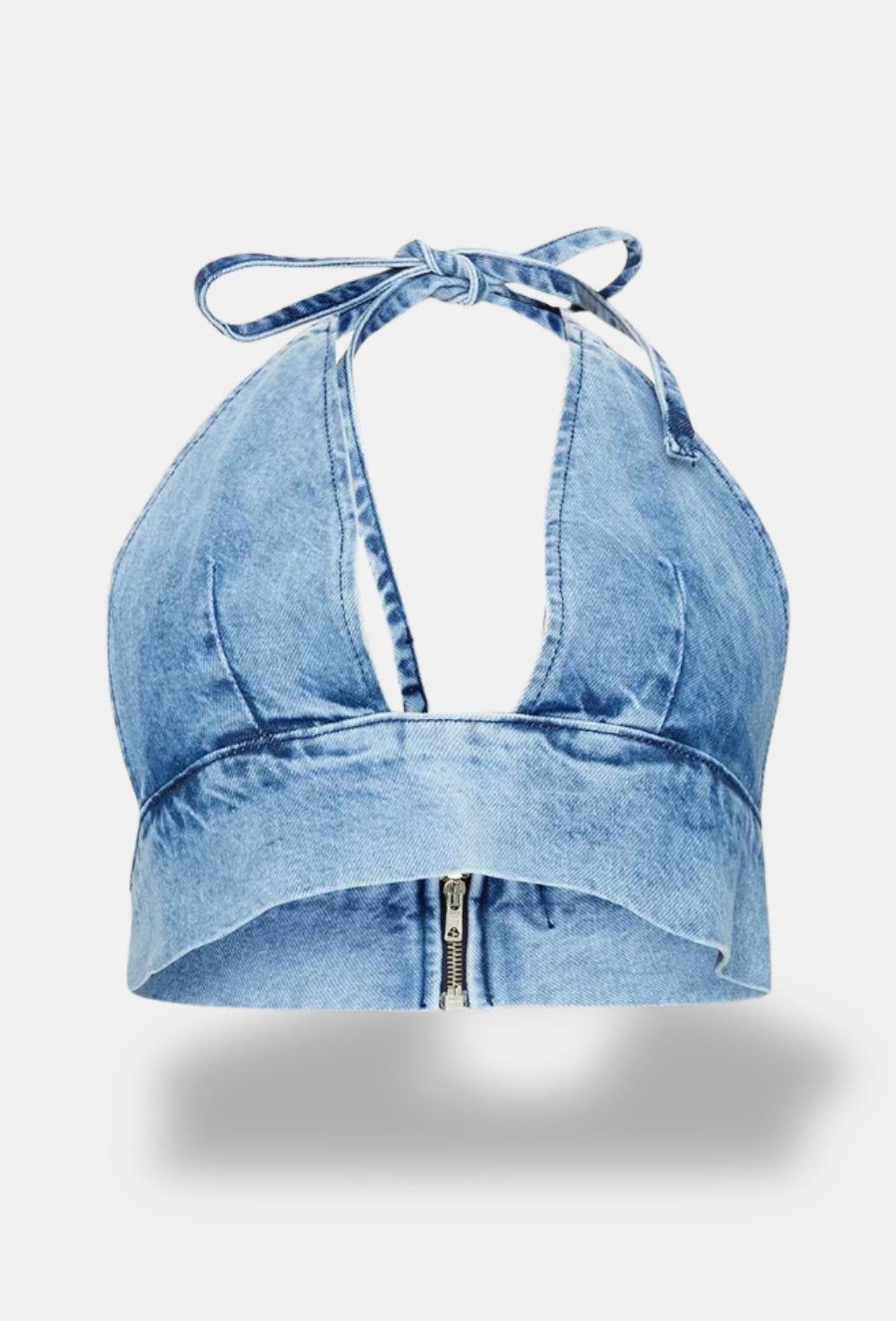 BLUE DENIM HALTER NECK ZIP TOP