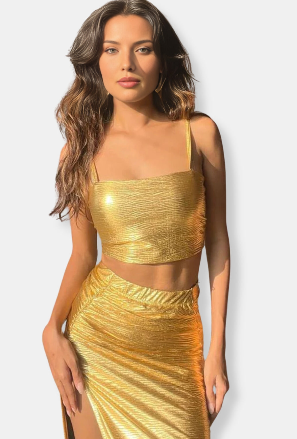 GOLD LYCRA BODYCON CO-ORD SET WITH THIGH CUT SLIT