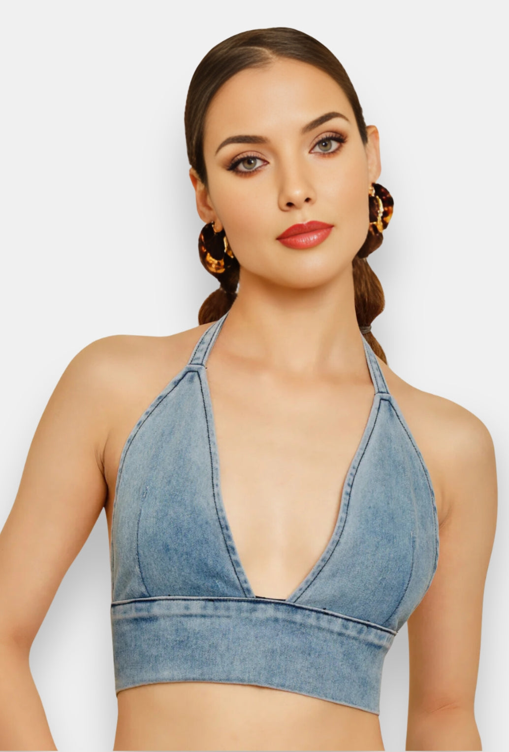 BLUE DENIM HALTER NECK ZIP TOP