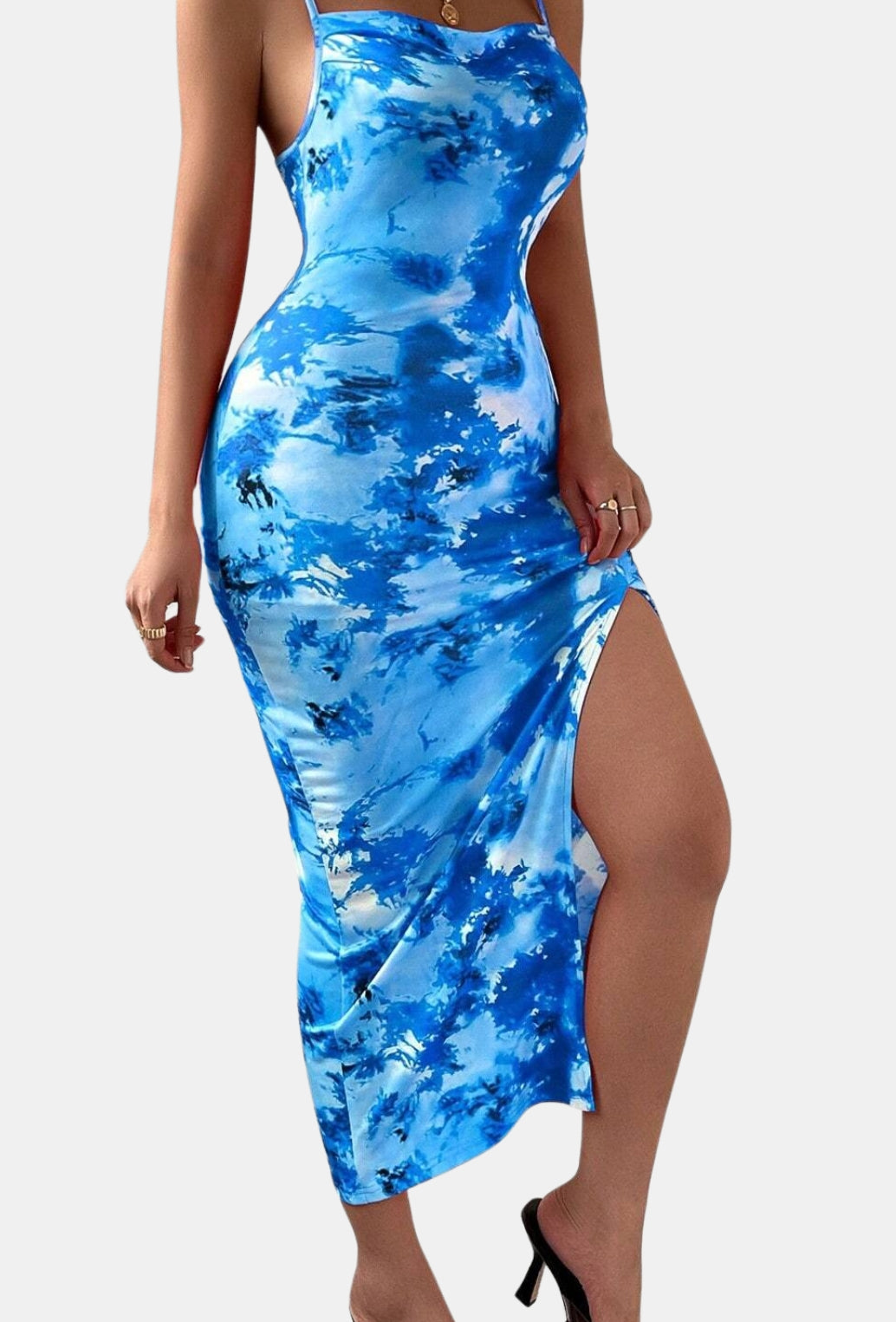 BLUE PRINTED BODYCON MAXI DRESS