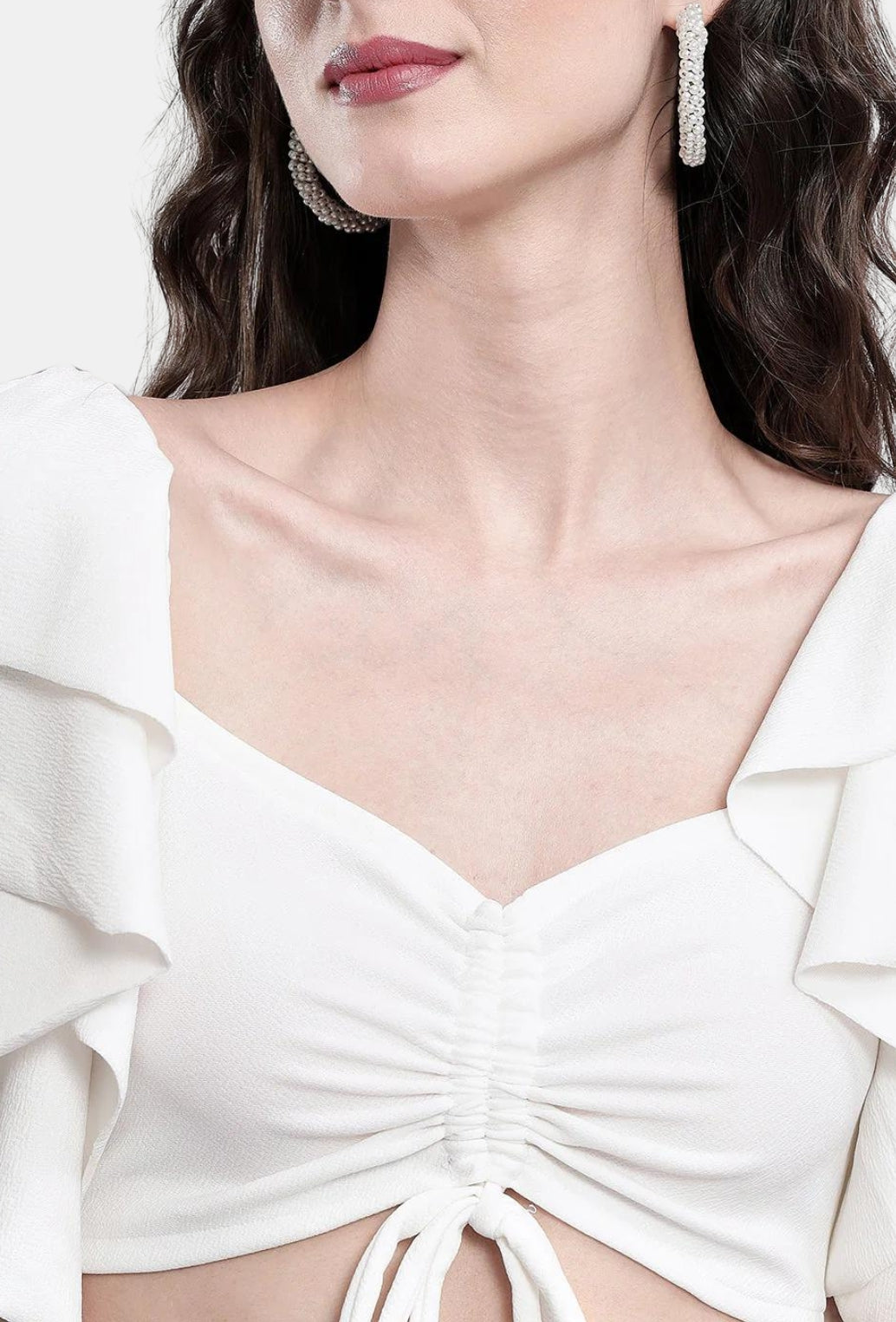 WHITE RUFFLES SLEEVES SCRUNCH TOP