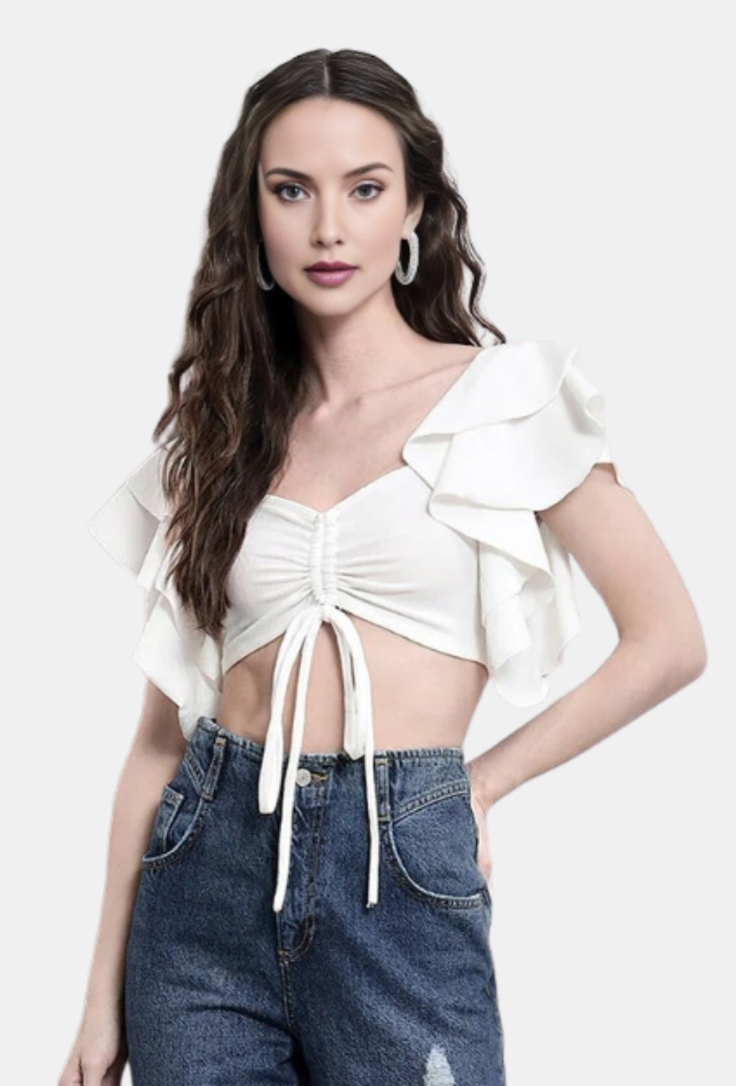 WHITE RUFFLES SLEEVES SCRUNCH TOP