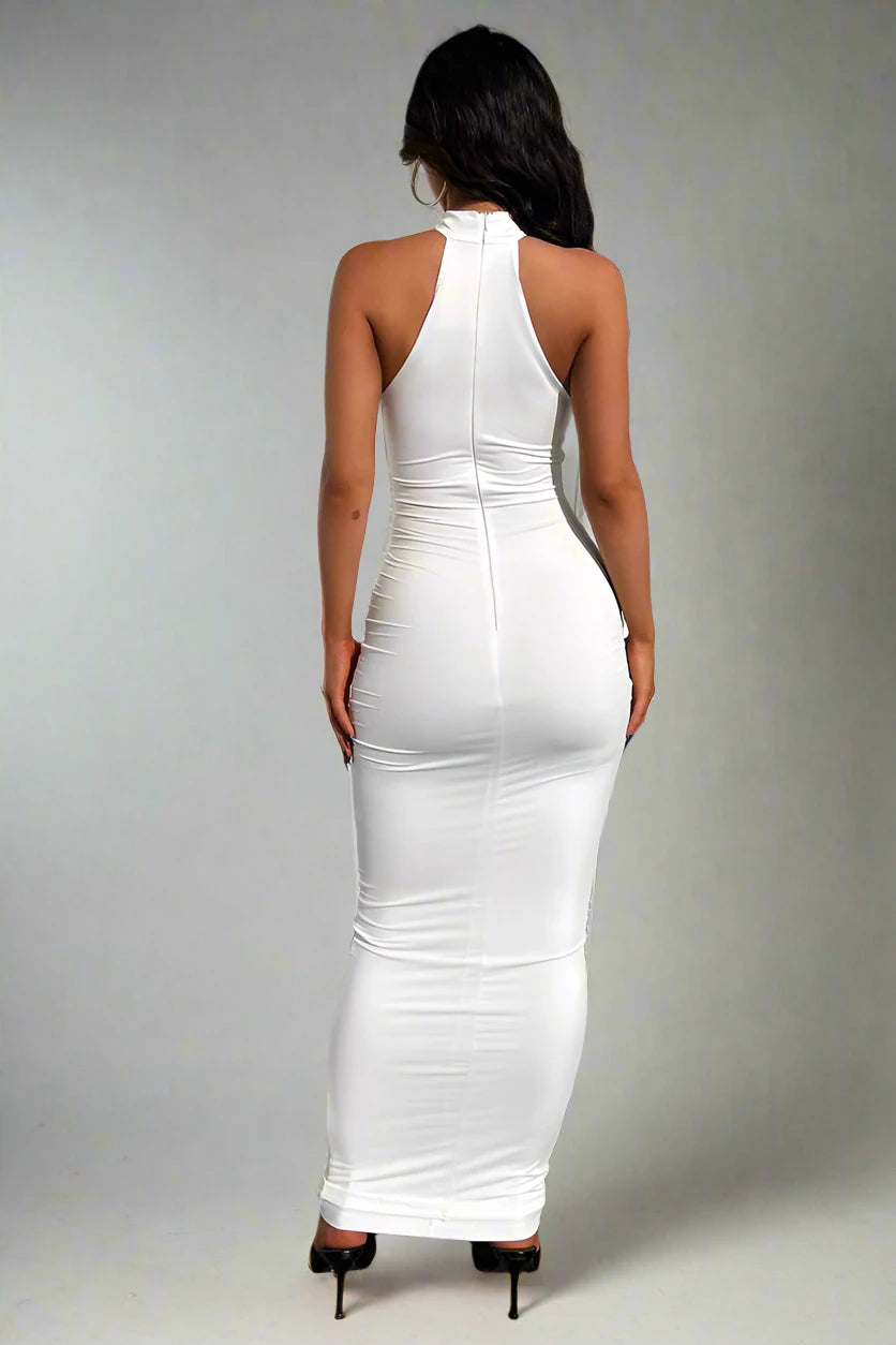 WHITE MAXI BASIC DRESS WITH CUTOUT CIENNA