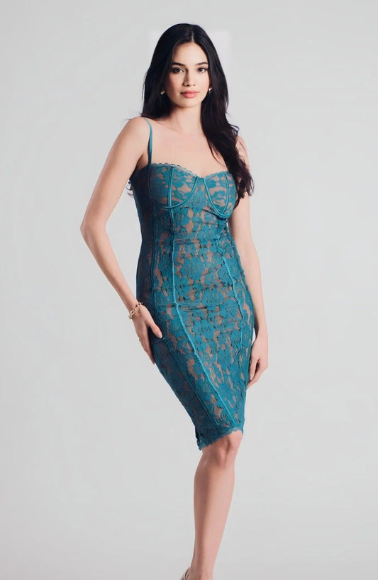 CIENNA AQUA LACE MIDI DRESS - CIENNA